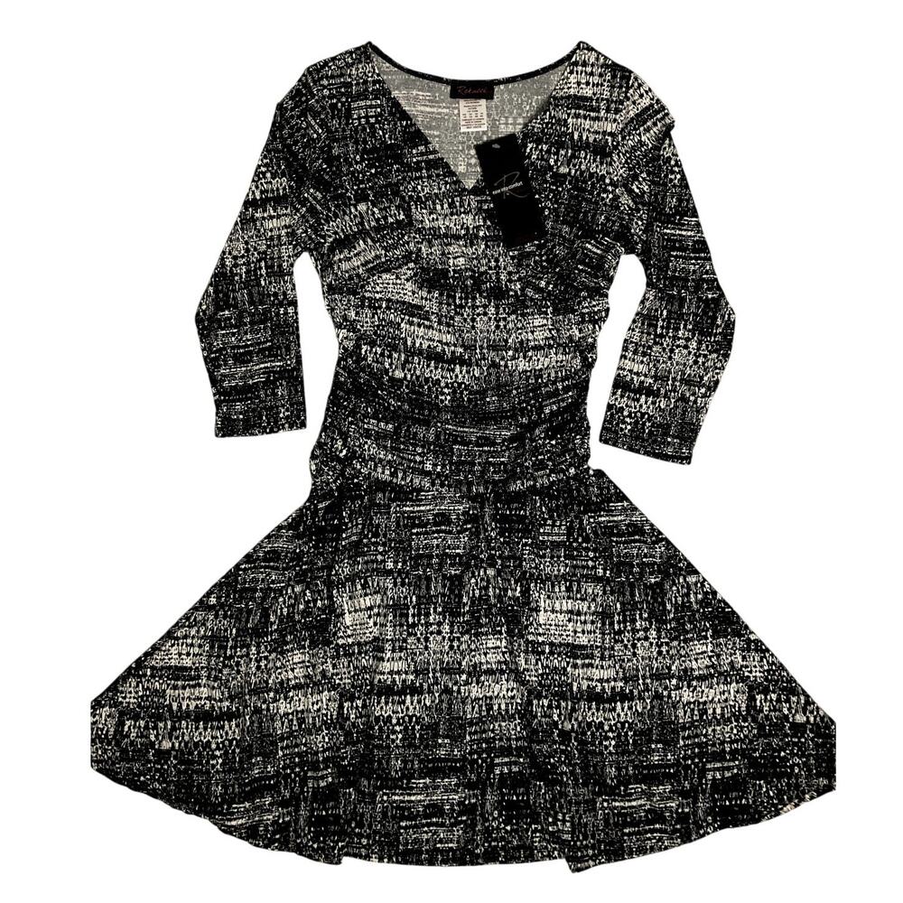 Rekucci Dress Women's 10 Black/White Crossover Tummy Control A-Line V-Neck Boho